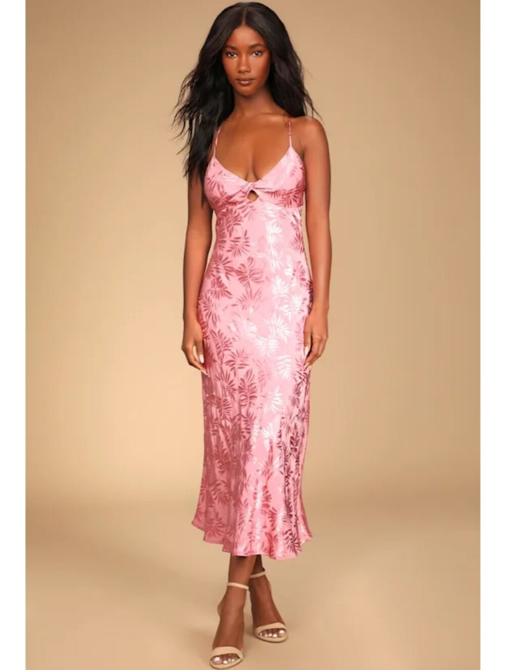 Lulu's pink satin slip midi dress with slim spaghetti straps